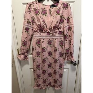 PRETTYLITTLETHING Pink Rose Polka Dot Lace Trim Midi Dress Long Sleeve Ruffle